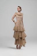 Nary Brown Lace Tulle Layered Evening Gown for women, from JOSEPHINE, The Viet Concept