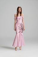 VONTIER DE MONTIER • Panthère Hand-Beaded Silk Gown With 3D Florals and Chiffon Fishtail Train