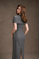 KEIRA TONG • Gray Linen Cape Button-Embellished Pencil Dress