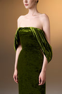 IHF ATELIER • Azure Grace Strapless Pleated Sleeve Column Gown In Blue Grain Velvet