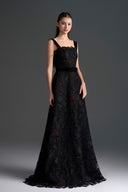 IHF STUDIO • Noir Floral Garden Lace A-Line Dress with Velvet Waist Belt