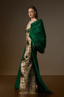 IHF ATELIER • Emerald Rose Brocade Draped Off-Shoulder Column Gown