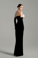 IHF STUDIO • Off Shoulder Velvet Column Gown with Handmade Rosette Appliqués