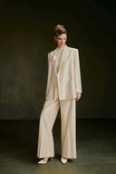 VONTIER DE MONTIER • Tailored Textured Pleated Silk Kate Straight-Leg Trousers in Cream Beige