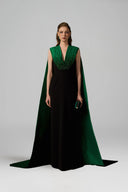 IHF ATELIER • Emerald Draped Crystal V-Neck Crepe Column Gown