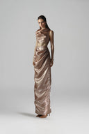 Rose Copper Draped Cut-Out Cowl Neck Maxi Dress for women, from SORAMAME, The Viet Concept