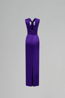 IHF ATELIER • Purple Satin Silk Ruched V-Neck Tie Gown