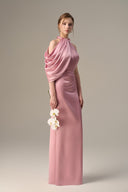 Pink Satin Silk Asymmetric Pleated Halter Gown for women, from IHF ATELIER, The Viet Concept