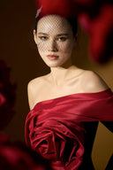 Noir Asymmetric Draped Rose Crepe Evening Gown for women, from IHF ATELIER, The Viet Concept 