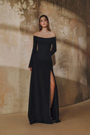 L' SCARLETT • Cold-Shoulder Crystal Embellished Crepe Front-Slit Maxi Dress