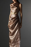 Rose Copper Draped Cut-Out Cowl Neck Maxi Dress for women, from SORAMAME, The Viet Concept