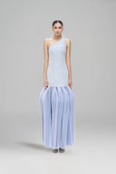 Azure Asymmetrical Lace Denim Ruffle Maxi Dress for women, from SORAMAME, The Viet Concept