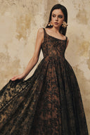 L' SCARLETT • Flared Crystal-Beaded Glitter Lace U-Neck Maxi Dress