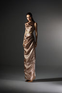 Rose Copper Draped Cut-Out Cowl Neck Maxi Dress for women, from SORAMAME, The Viet Concept