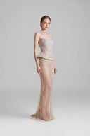 DO LONG • Nude Strapless Crystal Embellished Peplum Gown