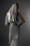 Lustre Champagne Metallic Satin Lamé Draped Off-Shoulder Gown for women, from SORAMAME, The Viet Concept