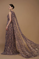 Bottle Neck Purple Tie-Dye Metallic Chiffon A-Line Gown Ruffle Train for women, from IHF ATELIER, The Viet Concept 