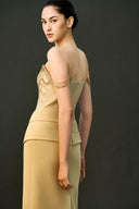 EEGEN STUDIO • Beige Beaded Fringe Column Dress with Draped Hip