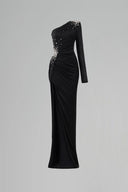 Black One-Shoulder Column Evening Gown Draped Waist & Slit for women, from IHF ATELIER, The Viet Concept