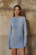 L' SCARLETT • Azure Crystal Floral Embellished Long-Sleeve Mini Dress