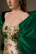 IHF ATELIER • Emerald Rose Brocade Draped Off-Shoulder Column Gown