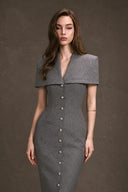 KEIRA TONG • Gray Linen Cape Button-Embellished Pencil Dress