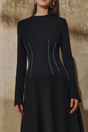 L' SCARLETT • Crystal-Embellished Flared Long-Sleeve Midi Dress