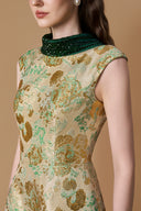 Emerald Green A-Line Jacquard Gown with Crystal Collar for women, from IHF ATELIER, The Viet Concept 