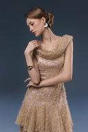 Nary Brown Lace Tulle Layered Evening Gown for women, from JOSEPHINE, The Viet Concept