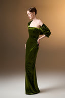 IHF ATELIER • Azure Grace Strapless Pleated Sleeve Column Gown In Blue Grain Velvet