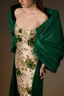 IHF ATELIER • Emerald Rose Brocade Draped Off-Shoulder Column Gown