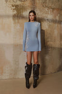 L' SCARLETT • Azure Crystal Floral Embellished Long-Sleeve Mini Dress
