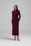 L' SCARLETT • Crystal-Beaded Side-Slit Long-Sleeve Crepe Midi Dress