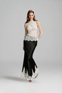 VONTIER DE MONTIER • Lace Appliquéd Satin Fishtail Maxi Skirt in Black