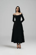 L' SCARLETT • Flared Off-Shoulder Crystal Heart-Beaded Midi Dress