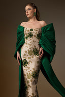 IHF ATELIER • Emerald Rose Brocade Draped Off-Shoulder Column Gown