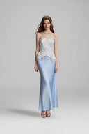 VONTIER DE MONTIER • Bedazzled Crystal Embellished Pearl Silk Corset With Opal Satin Set