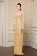 Beige French Lace Trapeze Neck Column Gown With Silk Waist for women, from IHF ATELIER, The Viet Concept