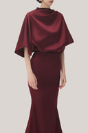 Red Velvet Kieu Trumpet Asymmetric Satin Maxi Skirt for women, from TINH, The Viet Concept 