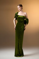 IHF ATELIER • Azure Grace Strapless Pleated Sleeve Column Gown In Blue Grain Velvet