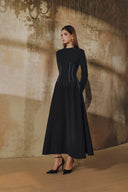 L' SCARLETT • Crystal-Embellished Flared Long-Sleeve Midi Dress