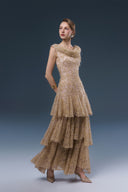 Nary Brown Lace Tulle Layered Evening Gown for women, from JOSEPHINE, The Viet Concept