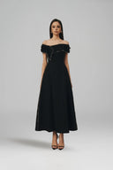 L' SCARLETT • Crystal Draped Off-Shoulder Flared Midi Dress