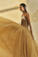 L' SCARLETT • Flared Off-Shoulder 3D Crystal Floral Maxi Dress