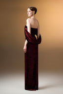 IHF ATELIER • Azure Grace Strapless Pleated Sleeve Column Gown In Blue Grain Velvet