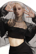SORAMAME • Black Another Ruffled Bandeau Tulle Overlay Top