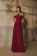 L' SCARLETT • Scarlet Floral Crystal-Beaded Off-Shoulder Poly Crepe Maxi Dress