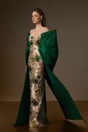IHF ATELIER • Emerald Rose Brocade Draped Off-Shoulder Column Gown