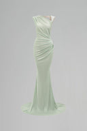 Mint Green Asymmetric Ruched Jersey Maxi Dress with Crystal Detail for women, from IHF STUDIO, The Viet Concept 