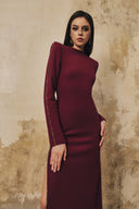 L' SCARLETT • Crystal-Beaded Side-Slit Long-Sleeve Crepe Midi Dress